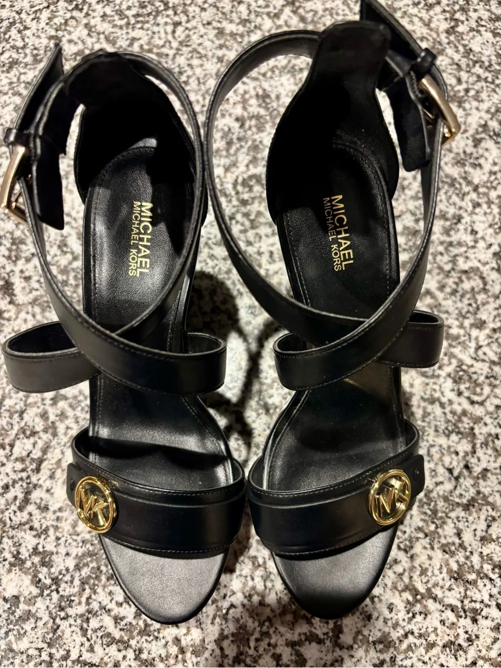 Michael Kors Black Leather Wedge Sandal with Gold MK Emblem